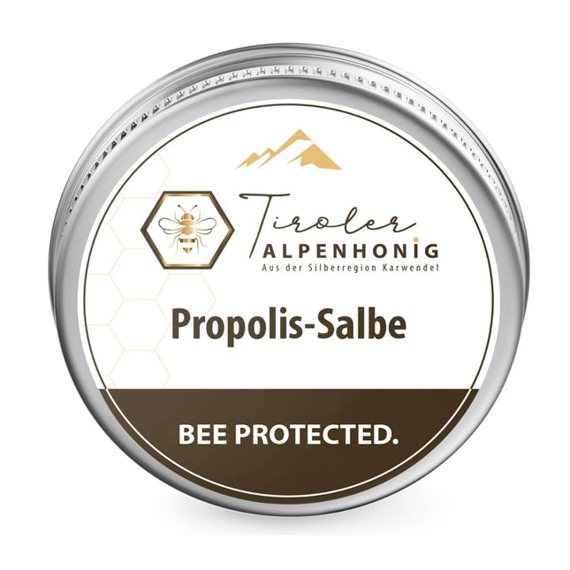 Propolis ointment with beeswax, olive oil, propolis tincture, and shea butter. Ointment (40g) made with Tyrolean Alpine honey in the Tyrolean mountains.
