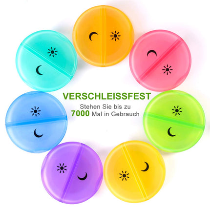 SUKUOS Pill Box 7 Days Morning Evening, Pill Box Round, 2 Compartments, Handy and Moisture-Resistant Medicine Box Medication Dispenser