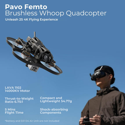BETAFPV Pavo Femto Brushless Quadcopter, 2S Pocket Drone with HD VTX Bracket for DJI O4 Air Unit, F4 2-3S 20A FC, 1102 | 14000KV Motor, for Flying Smooth Aerial Photography Freestyle Flight