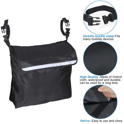 PERFETSELL Wheelchair Bag Rear Waterproof Oxford Wheelchair Bag Large Black Wheelchair Backpack Storage Bag with Reflective Strips for Wheelchair Handles