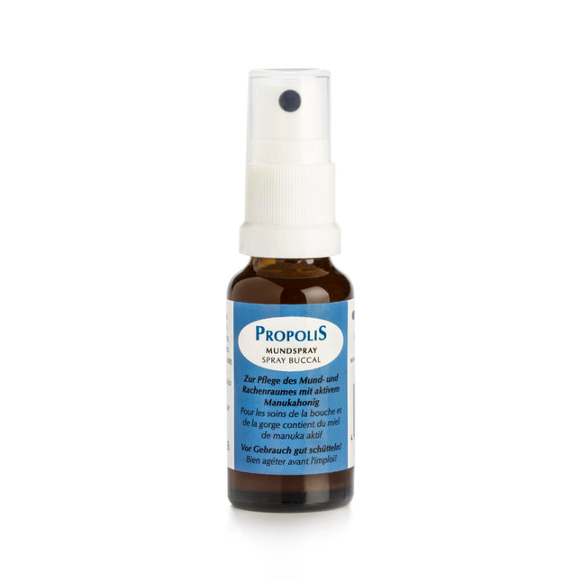 Propolis spray for throat, mouth and pharynx care - with New Zealand Manuka honey, vitamin C, eucalyptus and peppermint - supports sore throats, breathing difficulties and bad breath