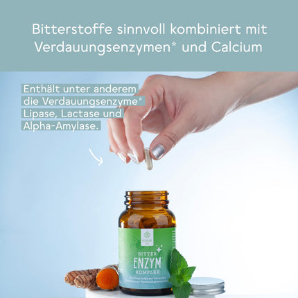 BitterLiebe Bitter Enzyme* Complex Capsules with 5 digestive enzymes - against flatulence - with papain, lactase, alpha-amylase, lipase, and protease - Monthly pack