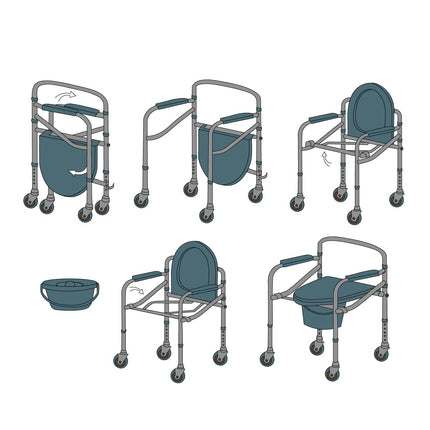 Mobiclinic®, Commode chair with wheels, Muelle, European brand, For the elderly and disabled, Non-slip, Lid, Padded armrests, Chrome steel, Height adjustable, Bucket easy to pull out