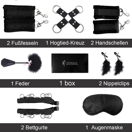 BDSMAGE BDSM set with 7 pieces, SM bed sets, feather whip and eye mask, restraints handcuffs ankle cuffs feathers nipple clamps fetish sex toy extreme bondage set for attachment to the bed for couples
