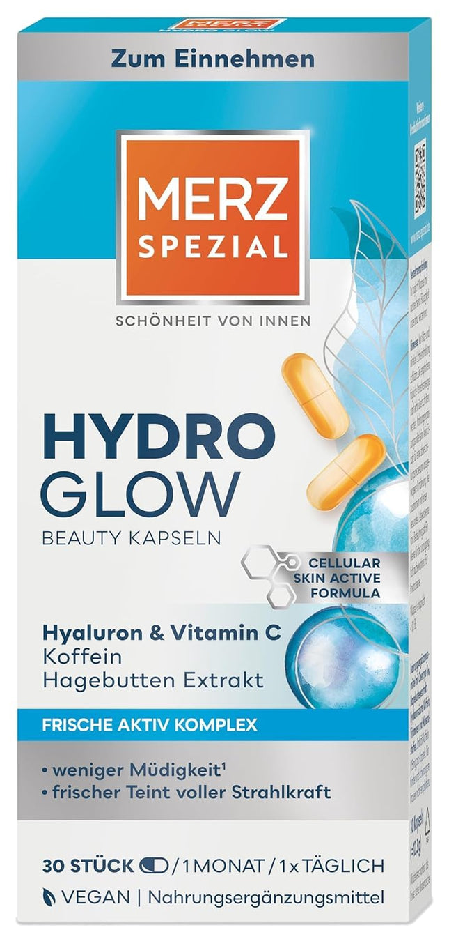 Merz Spezial Hydro Glow Beauty Capsules – 1 x 30 Capsules – vegan dietary supplement with hyaluronic acid and vitamin C – beauty routine for your skin – beauty from within