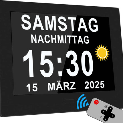 Véfaîî 2025 New, 19 Alarms Electronic Day Date Calendar Clock, Non-Abbreviated Day Date Large Clock for Seniors with Dementia Alzheimer's - with Remote Control - 8 Inch with Remote Control