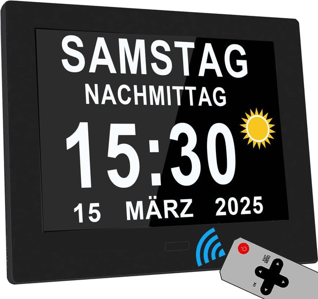 Véfaîî 2025 New, 19 Alarms Electronic Day Date Calendar Clock, Non-Abbreviated Day Date Large Clock for Seniors with Dementia Alzheimer's - with Remote Control - 8 Inch with Remote Control