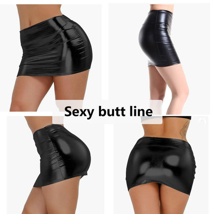 SamHeng Women's Mini Skirt Stretch Metallic Skinny Short Wetlook Sexy High Waist Wrap PU Leather Skirts Slim Faux Leather Pencil Skirts Bodycon Disco Steampunk Party Skirts Clubwear, Black