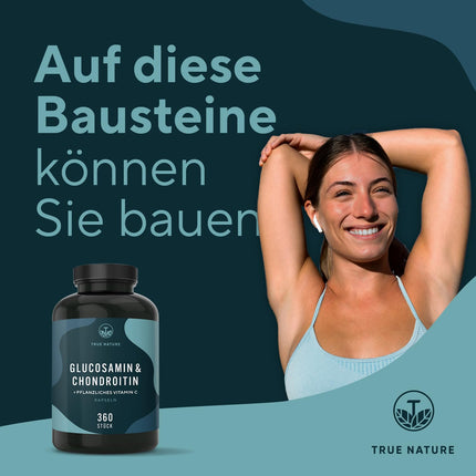 Glucosamine Chondroitin High Dose - Big Pack: 360 Capsules (lasts 6 months) - with Vitamin C (contributes to normal collagen formation) - Pharmaceutical Quality - Made in Germany - TRUE NATURE