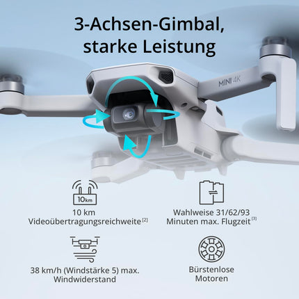 DJI Mini 4K, drone with 4K UHD camera for adults, under 249 g, 3-axis gimbal stabilization, 10 km video transmission, auto-return, wind resistance, 1 battery for 31 min flight time, C0, QuickShots