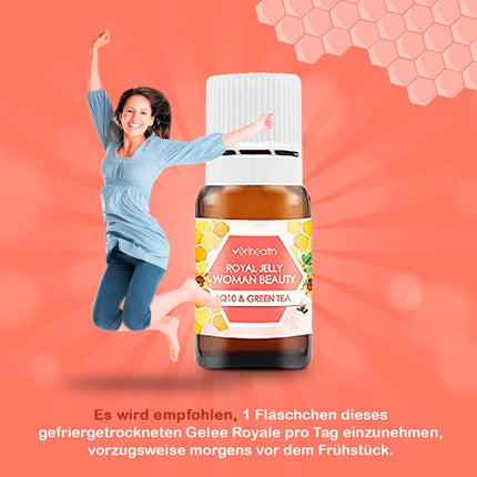 Verihealth Women Beauty - Royal Jelly with Vitamin E - 20 vials - Ideal for maintaining female hormones - Leofilizada provides energy with green tea and Q10