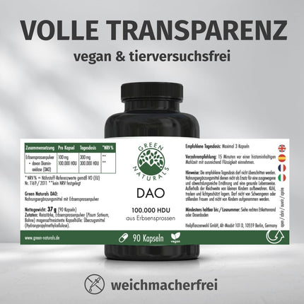 DAO Capsules VEGAN - High Dose: 100,000 HDU - 100 mg pea sprout powder per capsule for easy dosing - Pharmacy Quality - 90 Capsules - Green Naturals®