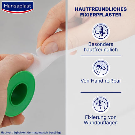 Hansaplast Fixation Plaster Sensitive (5 m x 2.5 cm), hypoallergenic tape for skin-friendly fixation of wound dressings, adhesive plaster roll with strong adhesive strength (pack of 3)