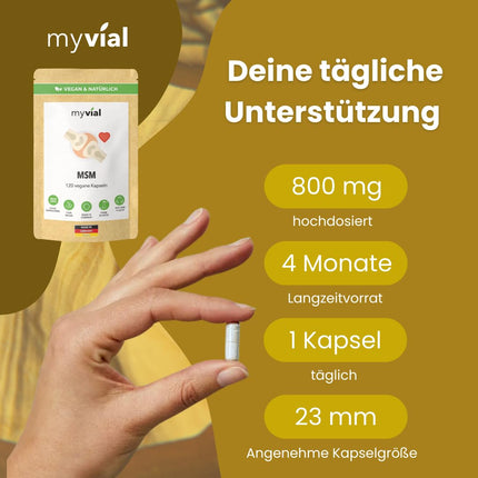 MSM capsules high dose 120 pieces – 800 mg methylsulfonylmethane + organic acerola powder – vegan – no additives – plastic-free – produced in Germany – natural sulfur