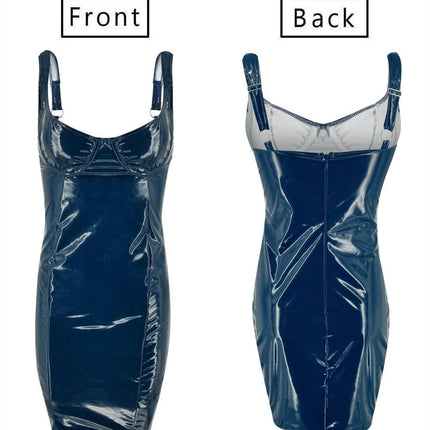 Gellmall Women's Clubwear PU Leather Dresses Patent Leather Wetlook Straps Bodycon Erotic Party Dress Women Backless Sling Sleeveless Mini Dress 5XL