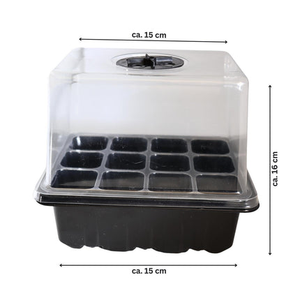Small indoor greenhouse with 12 cells of 3.5 x 3.5 cm² for growing plants indoors, on windowsills, balconies, or terraces. A growing box ideal for fast-growing seedlings (black)