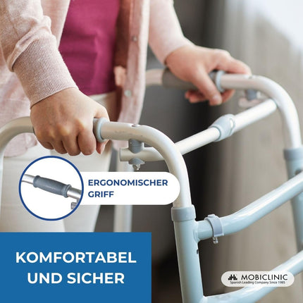 Mobiclinic®, Walking Aid, Mezquita, European Brand, Walking Frame, Foldable, Lightweight, Height Adjustable, For Seniors, Made of Aluminum, Non-Slip, Ergonomic Handles, Up to 100 kg, Silver