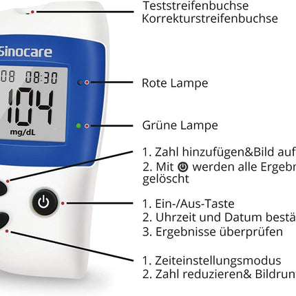 sinocare blood glucose meter, glucose monitor with blood glucose test strips 100, pain-free fast blood glucose alarm lamp, mg/dL