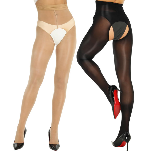 Yilanmy Shiny Tights Open Crotch For Women Sexy Tights Open Crotch Shiny Dance Tights 2 Pairs (Black+Natural, L-XL)