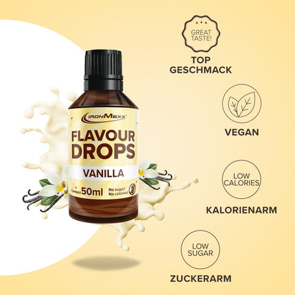IronMaxx Flavour Drops - Vanilla 50ml | calorie-free &amp; sugar-free | vegan flavour drops for sweetening foods | practical dropper cap