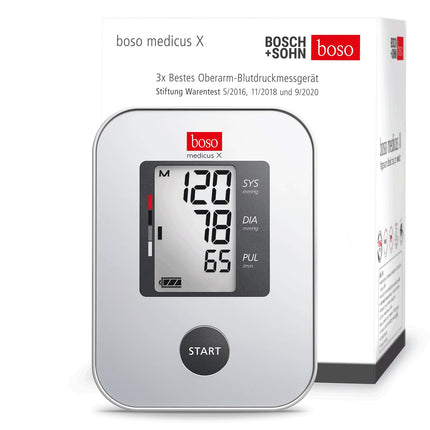 boso medicus X - Best upper arm blood pressure monitor (Stiftung Warentest 5/2016, 11/2018, and 9/2020) with one-button operation, large display, and arrhythmia detection – With standard cuff (22-32 cm)