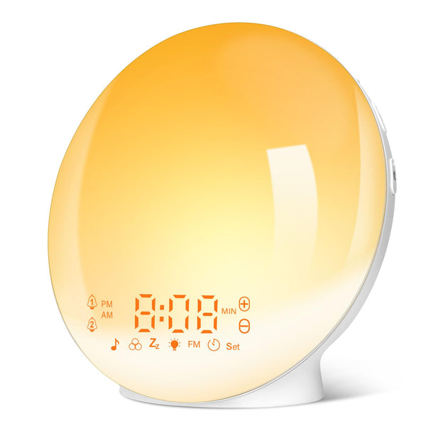 Daylight alarm clock light alarm clock wake up light sunrise sunset simulation alarm clock radio 7 nature sounds 2 alarms snooze 11 colored light 20 brightness bedside lamp adults (yellow)