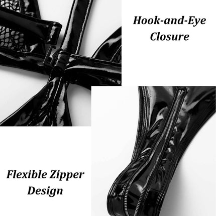 ROSVAJFY Women's Sexy Leather Mesh Zipper Body Halter Teddy Bodysuit Wetlook Latex Catsuit One-Piece Jumpsuit Transparent Mesh Negligee Hollow Bikini Lingerie Party Clubwear Outfit (M)