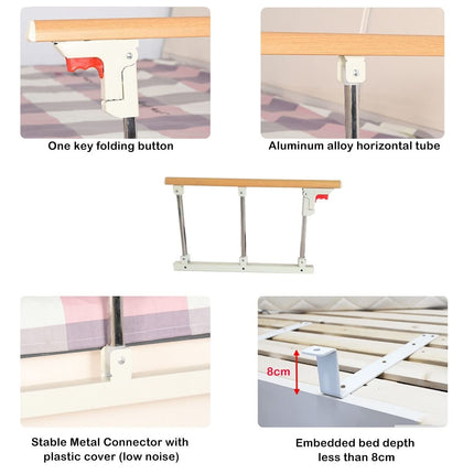 Gdmokle Bed Rail for Elderly Adults, Foldable Bed Guard Rail Safety Railing, Sturdy Metal Guard Assist Handle for Hospital Home Care, 70x40cm (Wood Color)