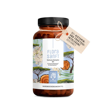 NATURTREU culture complex HIT + FI with Lactobacillus &amp; Bifidobacteria, also for histamine intolerance &amp; fructose intolerance, 60 gastro-resistant capsules, supplemented with vitamin B2 and vitamin B6.