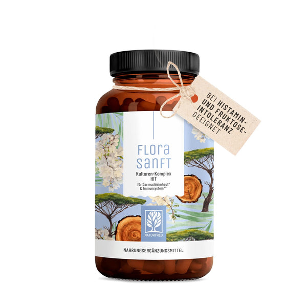 NATURTREU culture complex HIT + FI with Lactobacillus &amp; Bifidobacteria, also for histamine intolerance &amp; fructose intolerance, 60 gastro-resistant capsules, supplemented with vitamin B2 and vitamin B6.