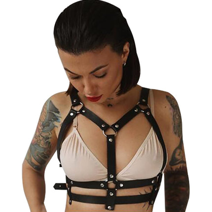 BDSMYEE Leather Harness, BDSM Lingerie, Bra Body Harness, Sexy Outfit for Women, Dominatrix, Rave, Fetish Clothing (F)