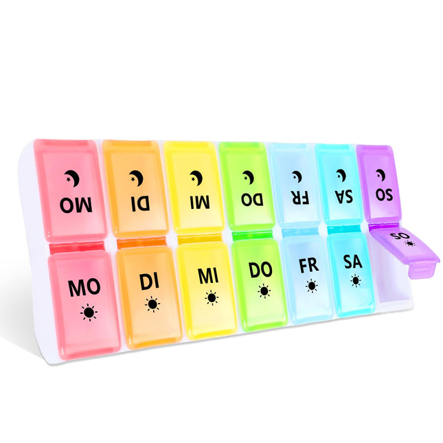 JANUIXCO Pill Box 7 Days Morning Evening - Pill Box 7 Days 2 Compartments Removable, BPA Free - Medicine Box 14 Compartments Easy to Open, for On the Go
