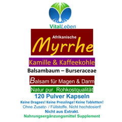 MYRRH + CHAMOMILE + COFFEE CHARCOAL 120 powder capsules for the stressed intestine according to AYURVEDA and Hildegard von Bingen - PURE NATURE - WITHOUT ADDITIVES [2 months] 27160-120
