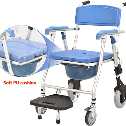 Generic Commode Chair with Wheels for Seniors 150kg Foldable Commode Chair with Armrest Mobile Commode Chair Shower Chair with Wheels WC Chair with Removable Bucket