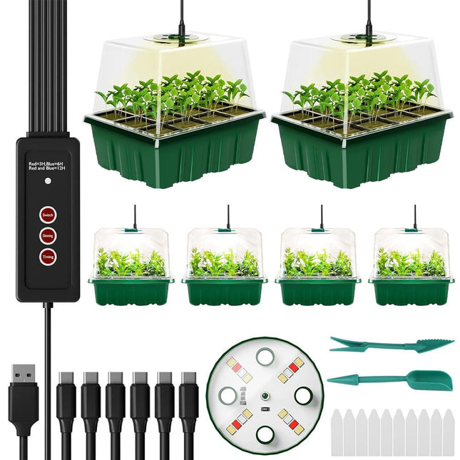 KBIBCK Indoor Greenhouse Propagator, 6 Pack Mini Greenhouse, Seedling Starter Trays, Propagator with Plant Lamp, Indoor with Raised Lid, Adjustable Brightness (Timing Controller)