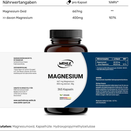 Magnesium 400mg Capsules High Dose - 365 Capsules (1 Year) 667mg per capsule, of which 400mg elemental magnesium | Laboratory tested Vegan - Wehle Sports