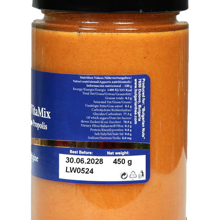 450 g honey contains pollen, beeswax, propolis, and royal jelly
