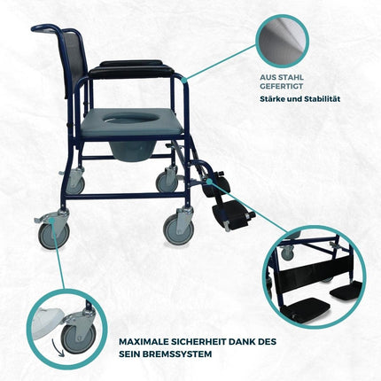 Mobiclinic, Commode Chair with Wheels, Barco, European Brand, Toilet Seat for the Elderly and Disabled, Toilet Seat, Folding Armrests, Removable Footrests, Lid, Parking Brake, Blue