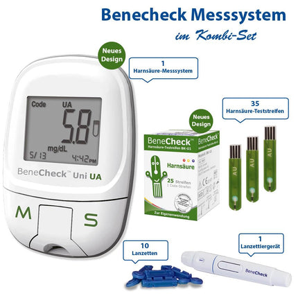 BeneCheck Premium Uric Acid Meter Bundle – including 35 test strips and 10 lancets | Uric Acid Tester for gout control | Starter set for precise uric acid measurement at home
