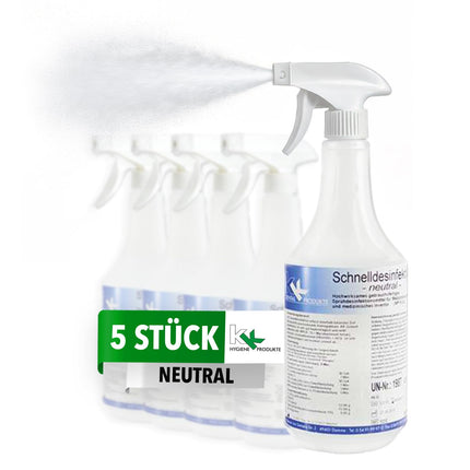 KK Quick Disinfectant in a practical spray bottle, 5 x 1 L, surface disinfectant, fragrance: neutral, spray for disinfecting surfaces such as worktops, door handles, toys