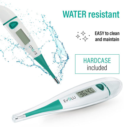 Evolu Waterproof Flexible Digital Thermometer Measurement in the mouth, rectum or armpit with flexible measuring tip in 10 seconds - Babies, children, adults - high precision - with storage box