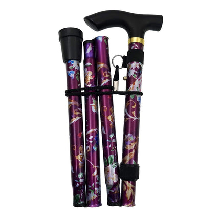 JZK Folding Compact Walking Stick Purple Flowers Extendable Folding Walking Stick Height Adjustable with Wristband and Rubber Sleeve for Home and Travel
