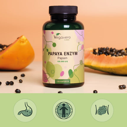 Papaya Enzyme Vegavero® | High dosage: 2,100 mg pure papain per daily dose | High enzyme activity: 100,000 units/g | Naturally from the fruit | 120 capsules | Vegan &amp; no additives