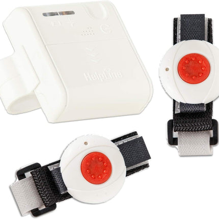 HelpLine Mini: Portable home emergency call with emergency call transmitter and belt clip for home care, set with 2x wristband transmitters