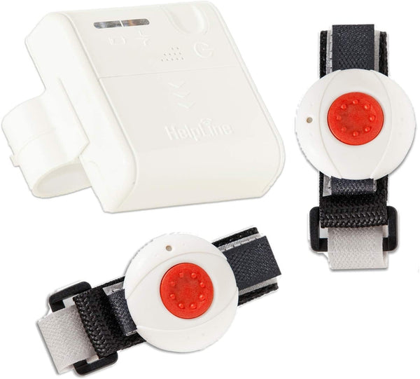 HelpLine Mini: Portable home emergency call with emergency call transmitter and belt clip for home care, set with 2x wristband transmitters