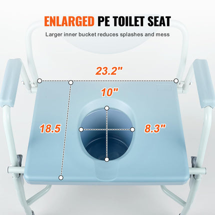 VEVOR Commode Chair Bedside Commode with Fold-Down Arms and Removable Backrest, 5-Level Height Adjustable 50-62 cm, Removable 7-Liter Bucket, Easy to Assemble, 453.6 kg Capacity