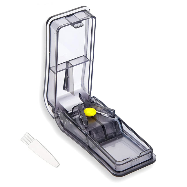 GeekerChip tablet splitter, pill splitter, medication splitter, for large and small tablets, medication splitter with storage compartment, divides pills precisely (black)