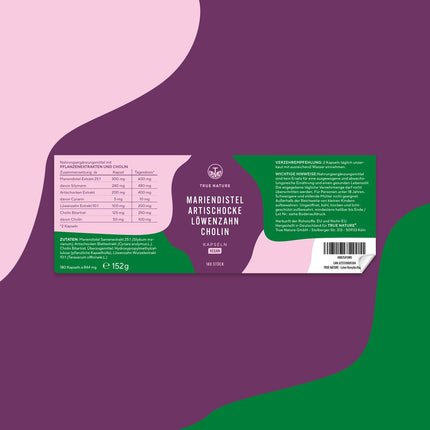 Milk Thistle Artichoke Dandelion Choline – 180 Capsules – 600 mg Milk Thistle Extract (480 mg Silymarin) – Supports the Liver with Choline* – With Herbal Bitters – Vegan – TRUE NATURE®