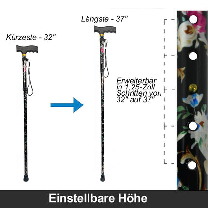 BeGrit Folding Walking Stick for Women Walking Stick Colorful Black Gifts Women Elegant Height Adjustable Walking Stick Flowers Crutch Gifts for Mother Men Birthday Thanksgiving the New Year