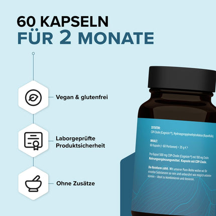 edubily nutrition® Choline - 500mg CDP-Choline from Cognizin® per capsule - high bioavailability - 60 capsules in amber glass